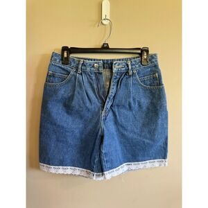 Vintage Blue Denim Shorts Women's Lace Trim High Waisted Mom Shorts Retro